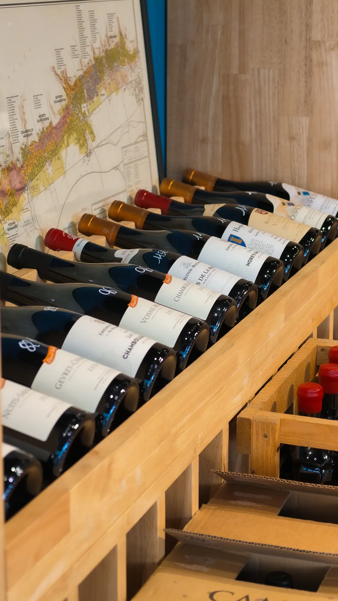 Bouteilles de vin couchées sur un présentoir en bois